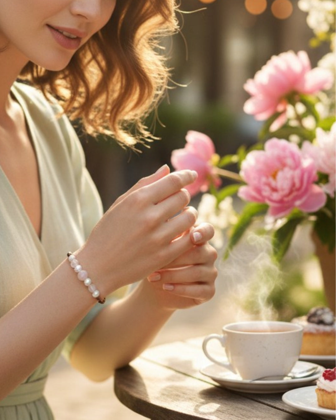 Freshwater Pearl and Leather Chevelle Bracelet with Rose Quartz Pink Gems