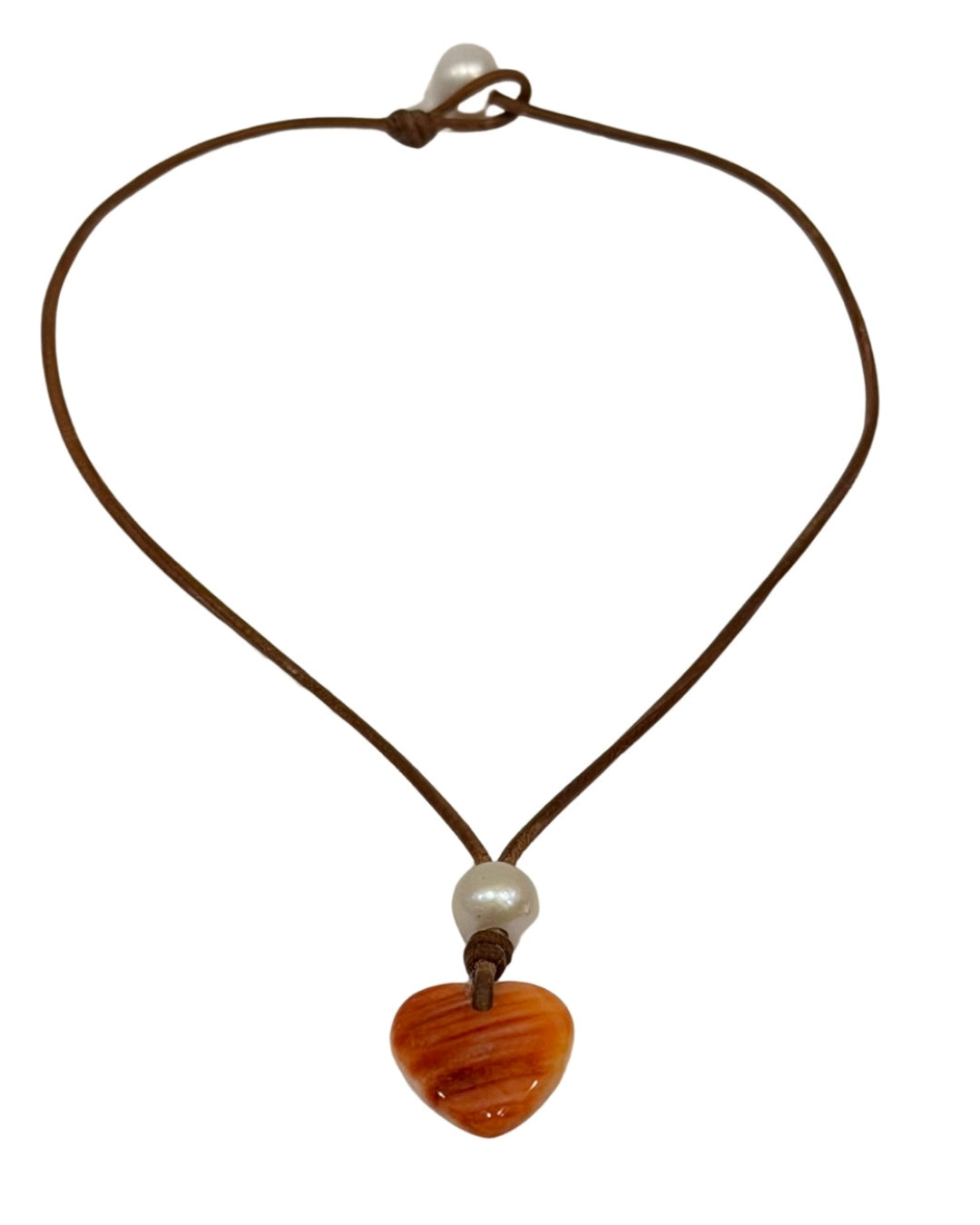 Wendy Mignot Orange Lions Paw Shell Heart and Freshwater Pearl and Leather Saba Love Necklace
