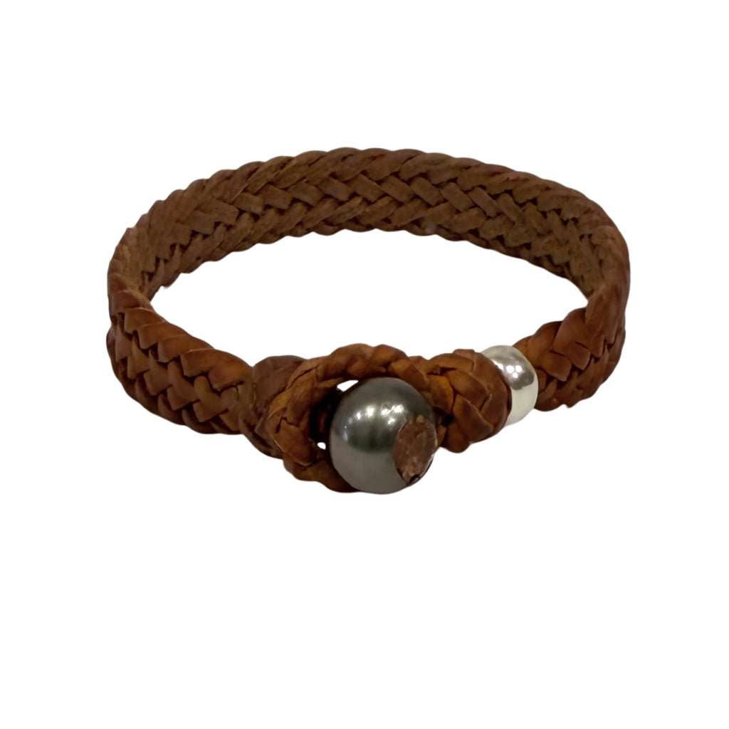 Wendy Mignot Dallas Tahitian Pearl and Leather Bracelet with Silver Rondelle