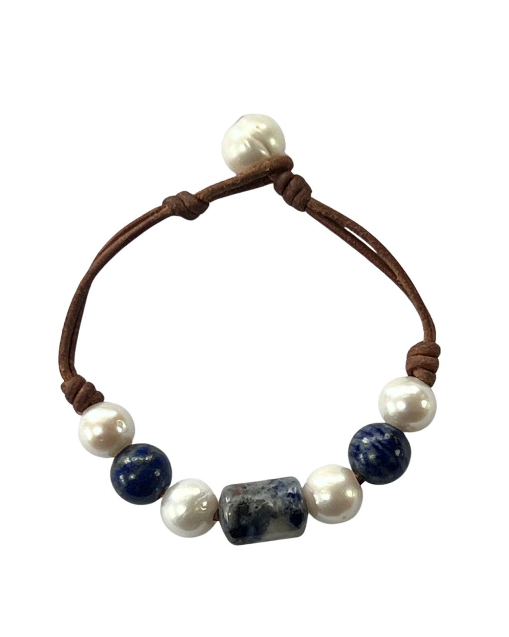 Freshwater Pearl and Leather Chevelle Bracelet with Sodalite Blue Gems