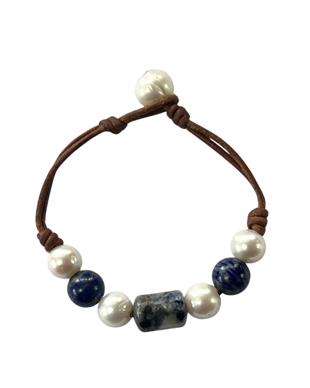 Freshwater Pearl and Leather Chevelle Bracelet with Sodalite Blue Gems