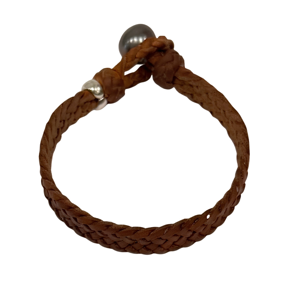 Wendy Mignot Dallas Tahitian Pearl and Leather Bracelet with Silver Rondelle