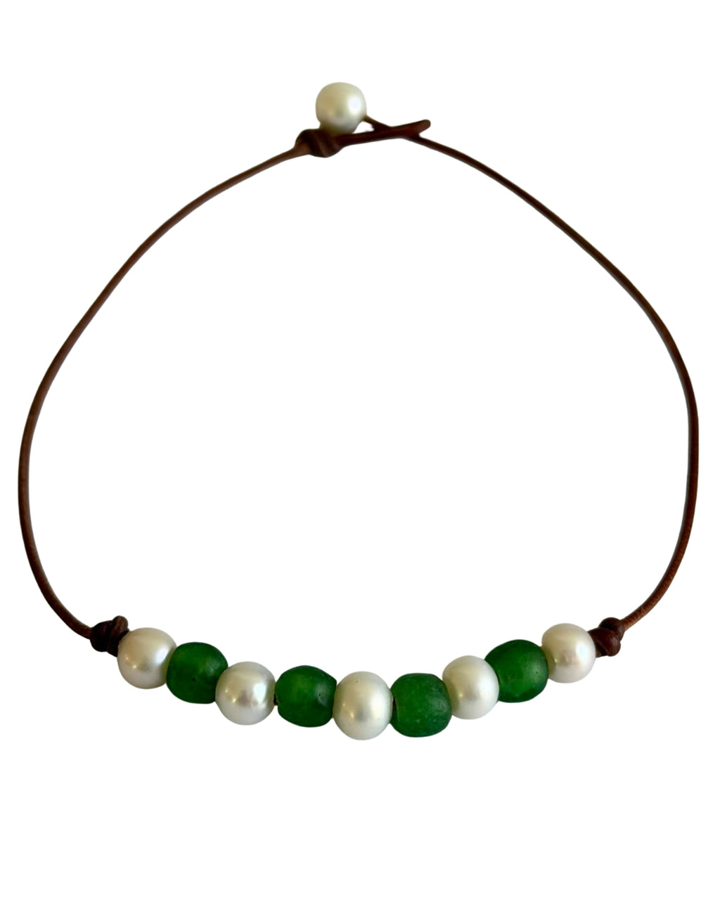 Wendy Mignot African Seaglass and Freshwater Pearl and Leather Regatta Necklace-Green