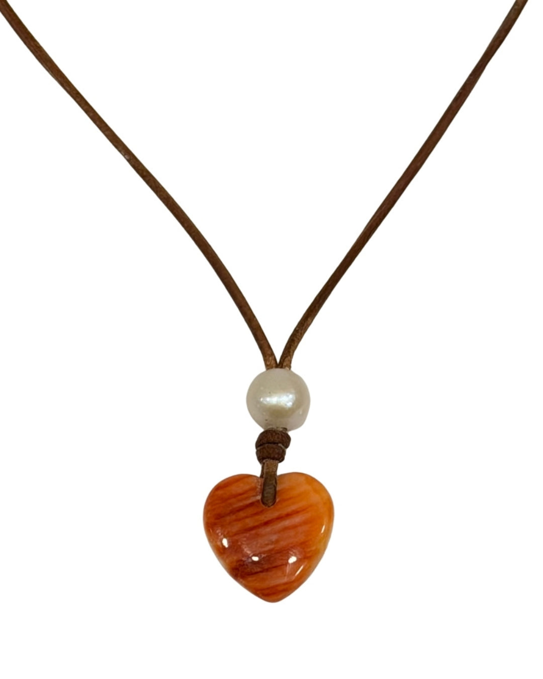 Wendy Mignot Orange Lions Paw Shell Heart and Freshwater Pearl and Leather Saba Love Necklace