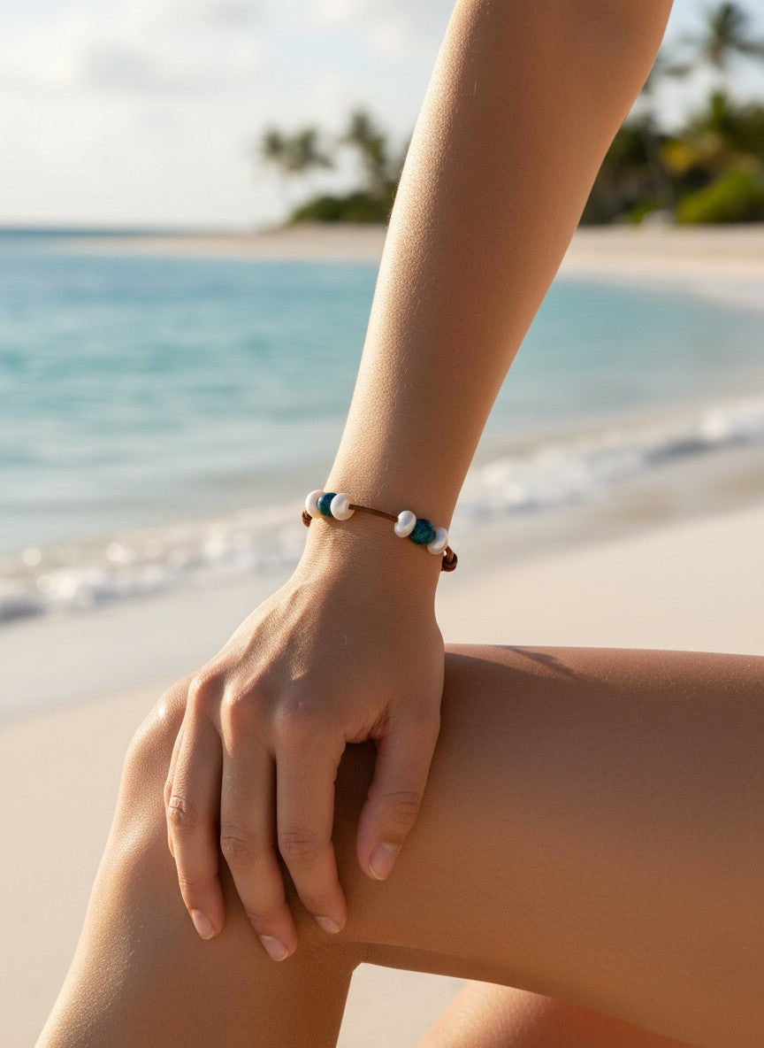 Triple Illusion Freshwater Pearl and Chrysocolla Gem Bracelet