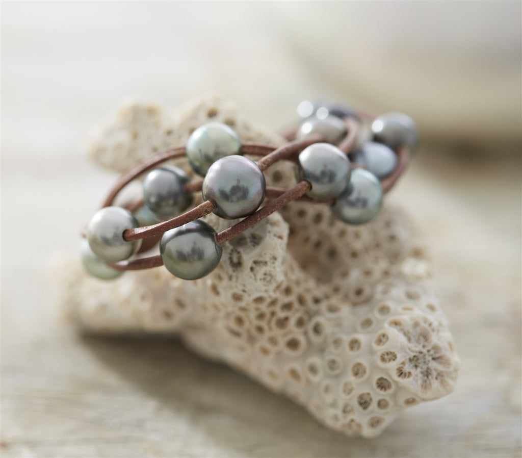 Wendy Mignot Music Two Strand Tahitian Pearl and Leather Bracelet