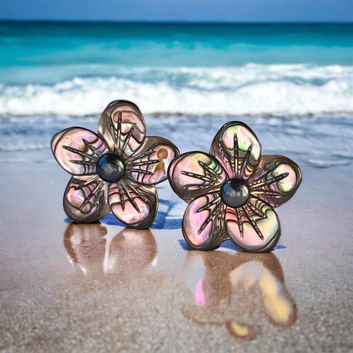 Fine Pearls and Leather Jewelry by Designer Wendy Mignot Hibiscus Pearl and White Mother of Pearl Stud Earrings