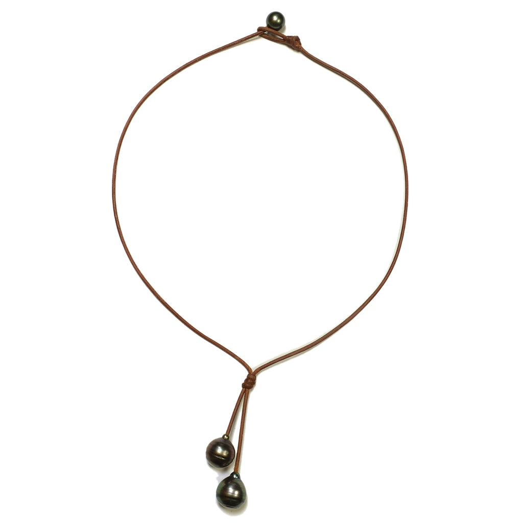 Wendy Mignot Rain Two Drop Tahitian Pearl and Leather Necklace