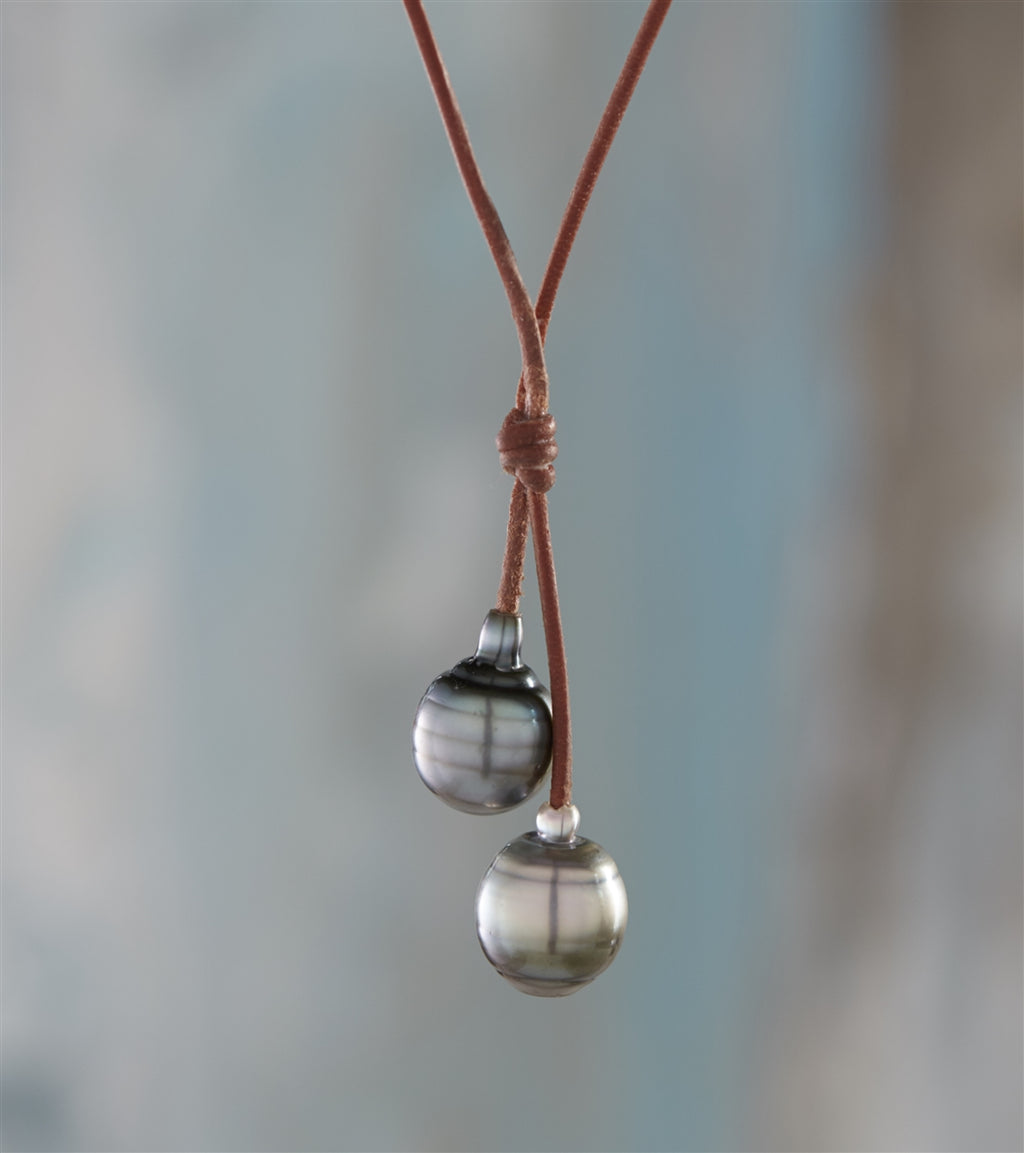Wendy Mignot Rain Two Drop Tahitian Pearl and Leather Necklace