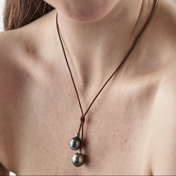 Wendy Mignot Rain Two Drop Tahitian Pearl and Leather Necklace