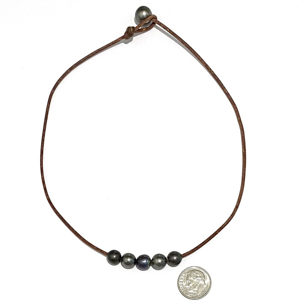 Wendy Mignot Breezy Five Pearl Tahitian Pearl and Leather Necklace