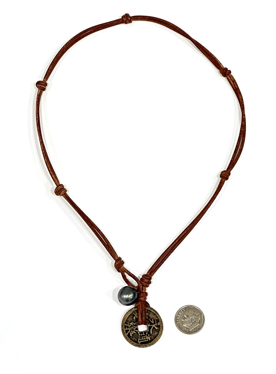 Wendy Mignot Ming Dynasty Bronze Coin and Tahitian Pearl and Leather Necklace