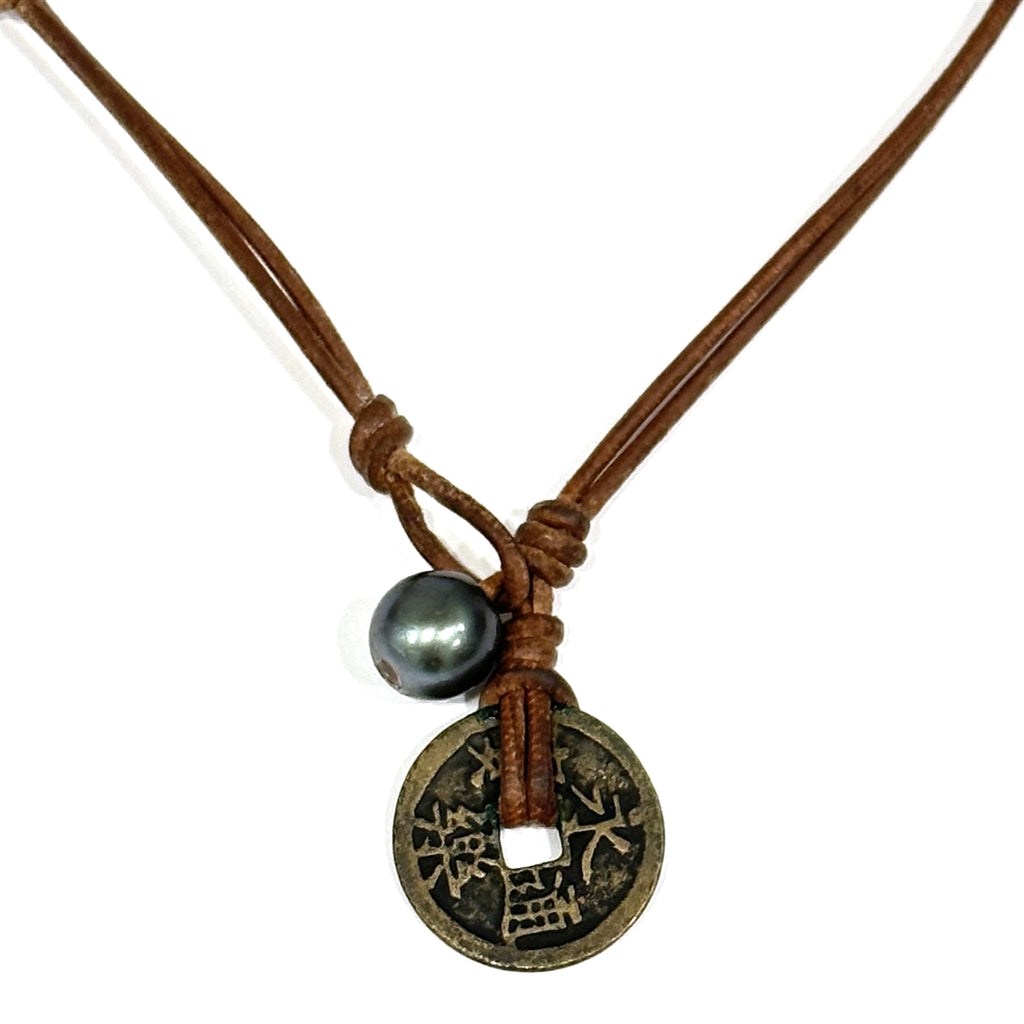 Wendy Mignot Ming Dynasty Bronze Coin and Tahitian Pearl and Leather Necklace