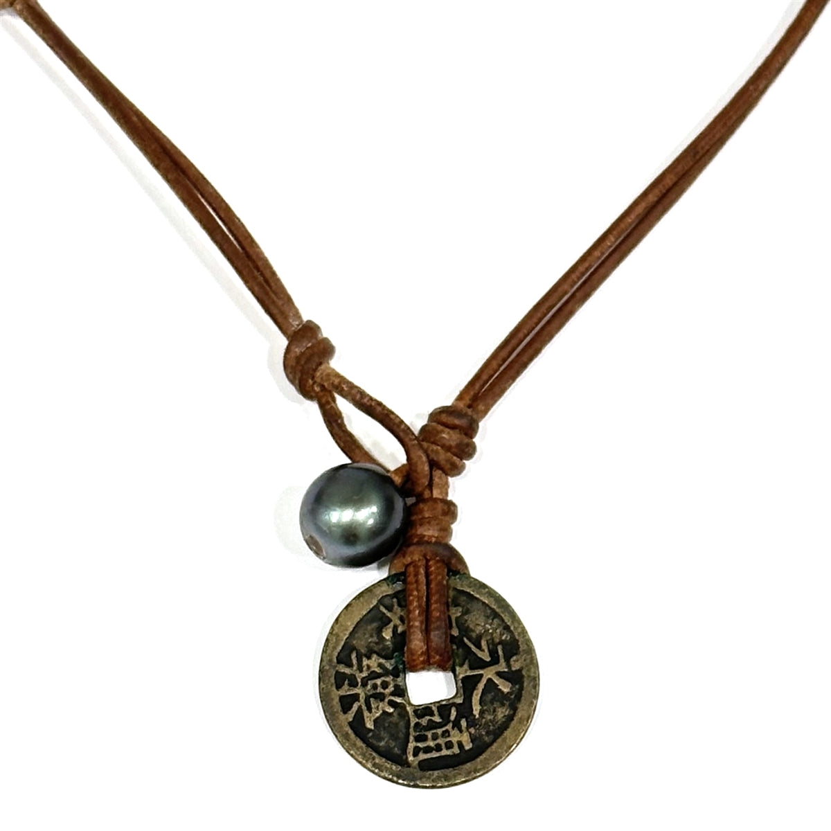 Wendy Mignot Ming Dynasty Bronze Coin and Tahitian Pearl and Leather Necklace