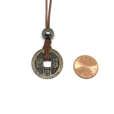Wendy Mignot Ming Dynasty Bronze Coin and Tahitian Pearl and Leather Necklace