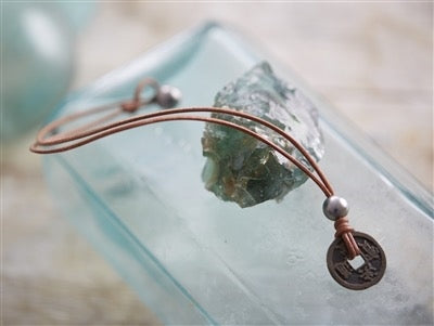 Wendy Mignot Ming Dynasty Bronze Coin and Tahitian Pearl and Leather Necklace