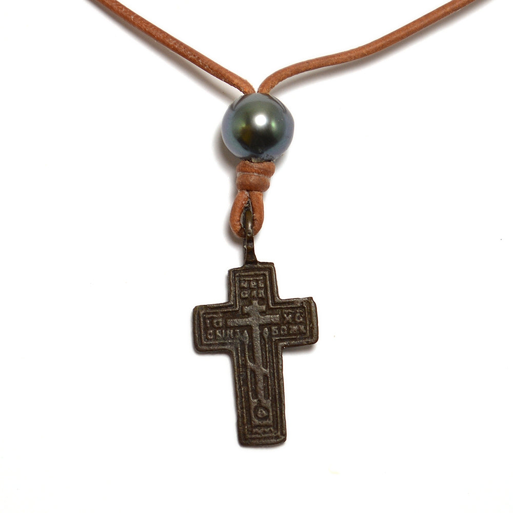 Fine Pearls and Leather Jewelry by Designer Wendy Mignot Russian Cross Tahitian Necklace