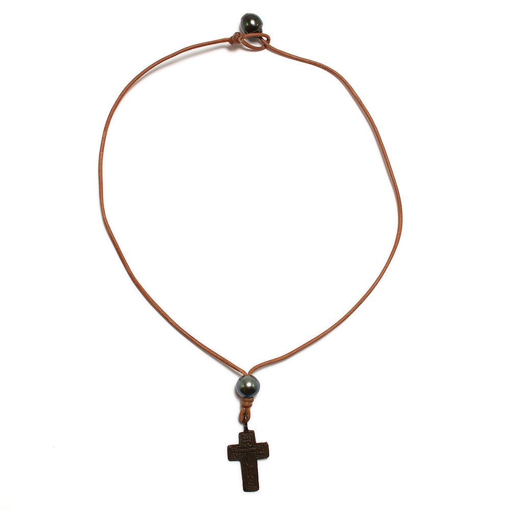 Wendy Mignot Byzantine Traditional Cross and Tahitian Pearl and Leather Necklace