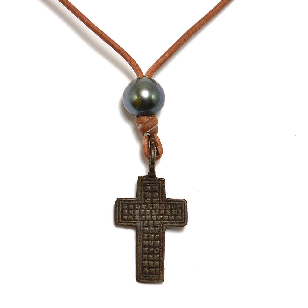 Wendy Mignot Byzantine Traditional Cross and Tahitian Pearl and Leather Necklace