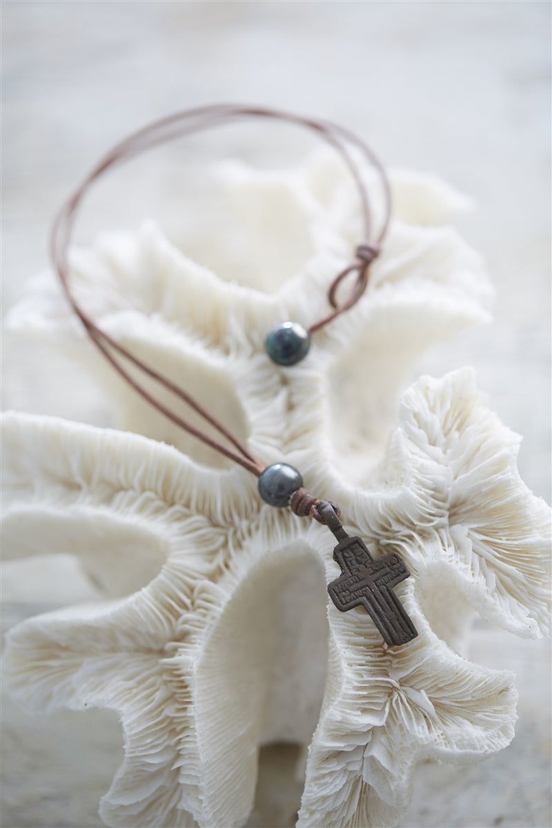 Wendy Mignot Byzantine Traditional Cross and Tahitian Pearl and Leather Necklace
