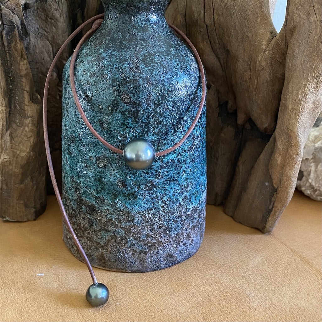 Wendy Mignot Bora Bora Single Tahitian Pearl and Leather Necklace 14-15mm