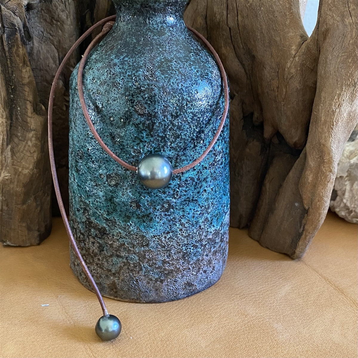 Wendy Mignot Bora Bora Single Tahitian Pearl and Leather Necklace 14-15mm