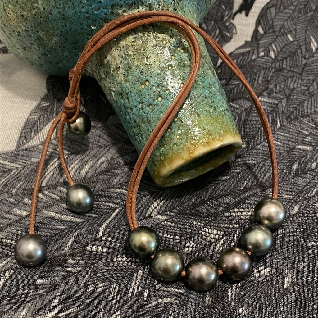 Wendy Mignot Versatile Six Tahitian Pearl and Leather Necklace