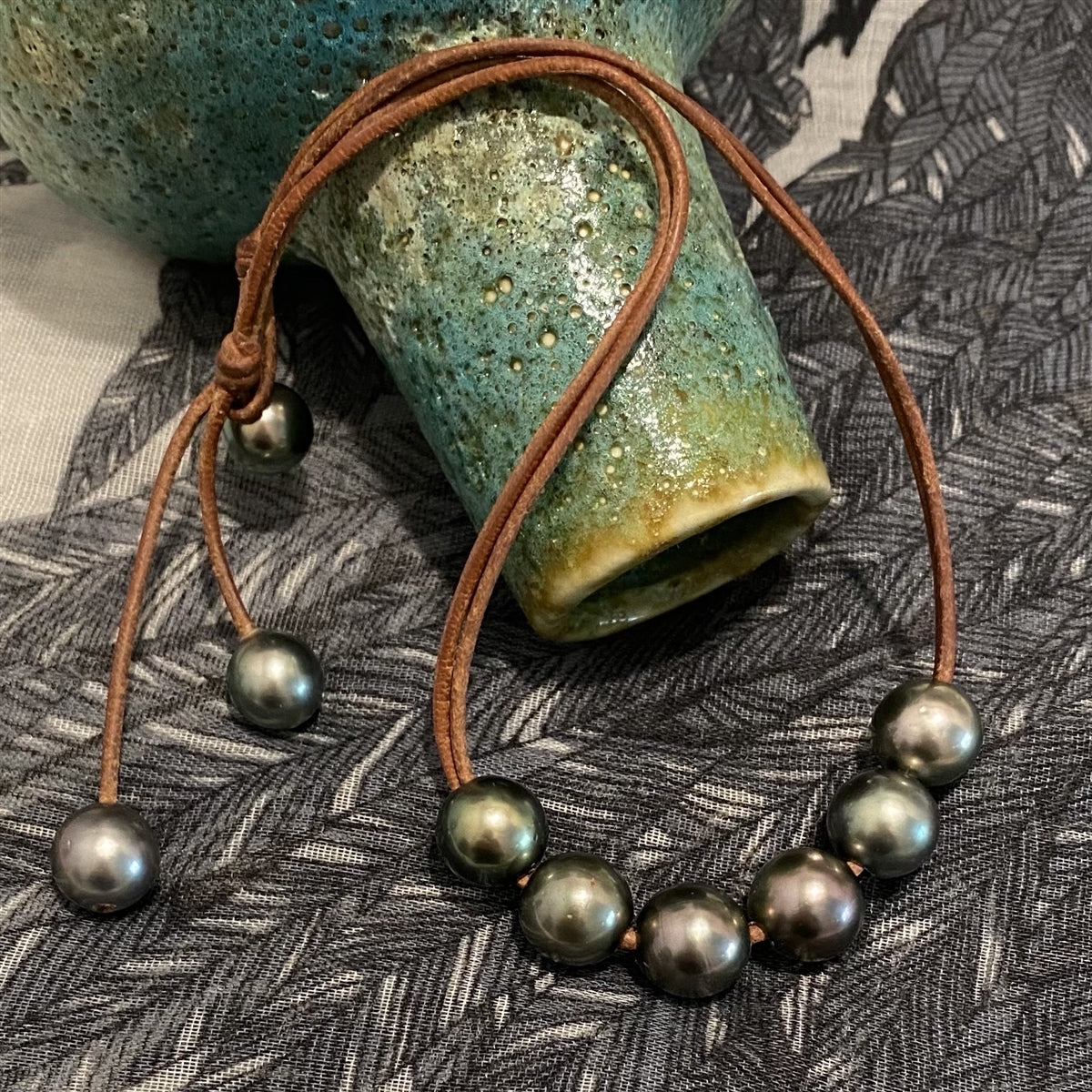 Wendy Mignot Versatile Six Tahitian Pearl and Leather Necklace