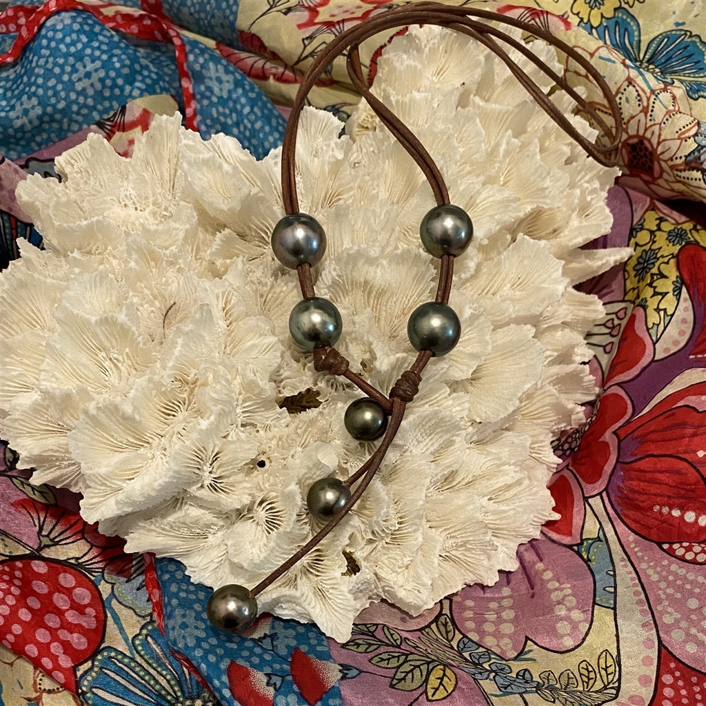 Wendy Mignot Versatile Six Tahitian Pearl and Leather Necklace