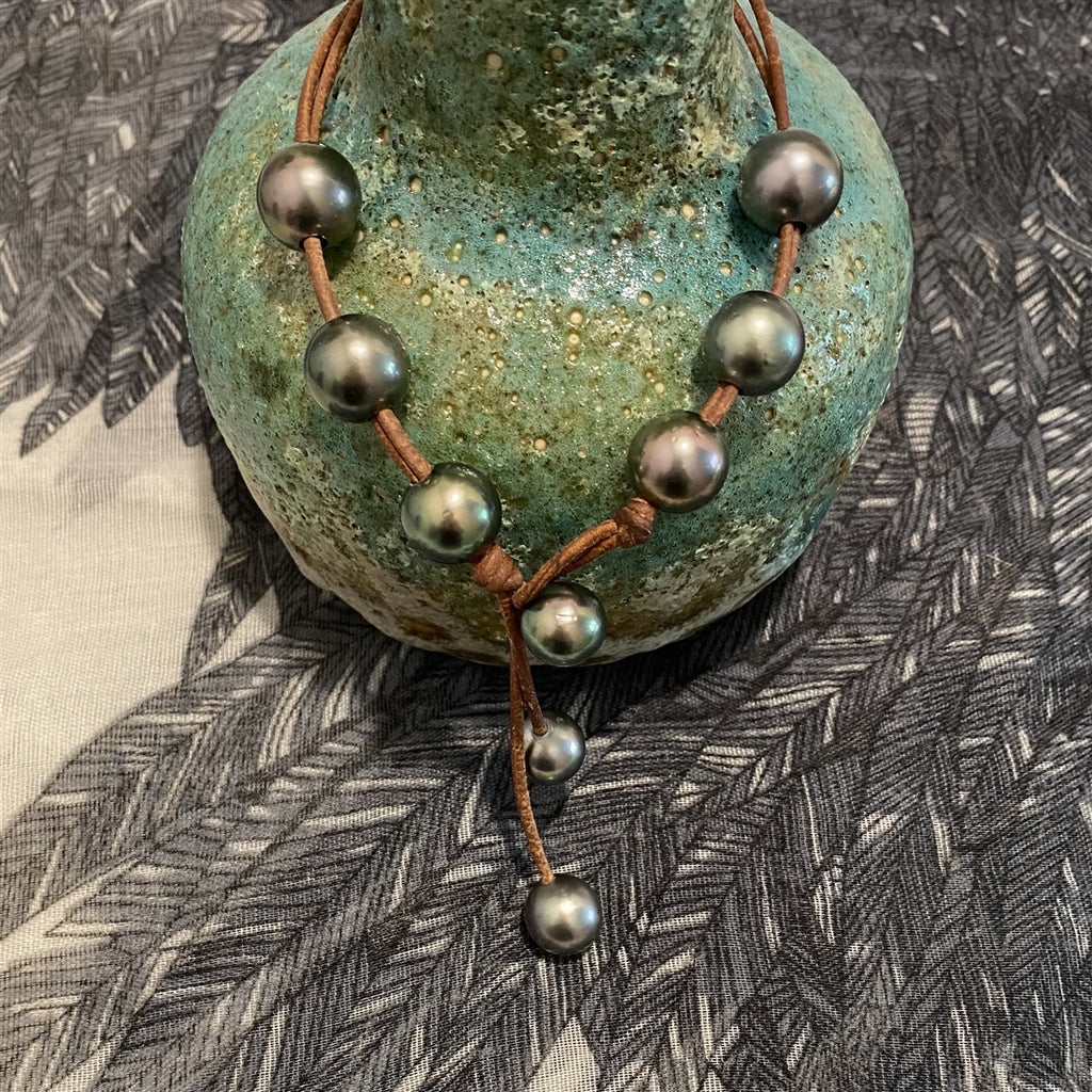 Wendy Mignot Versatile Six Tahitian Pearl and Leather Necklace