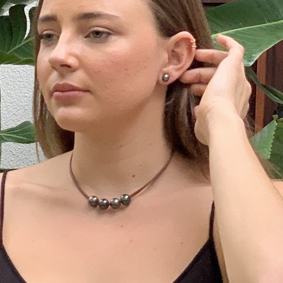 Wendy Mignot Violet Versatile Four Pearl and Leather Tahitian Pearl Necklace