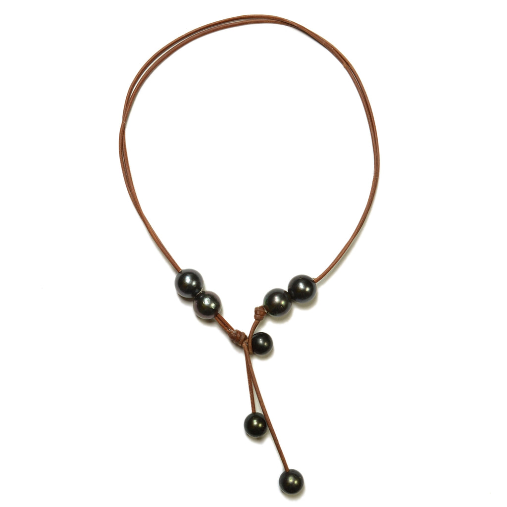Wendy Mignot Violet Versatile Four Pearl and Leather Tahitian Pearl Necklace