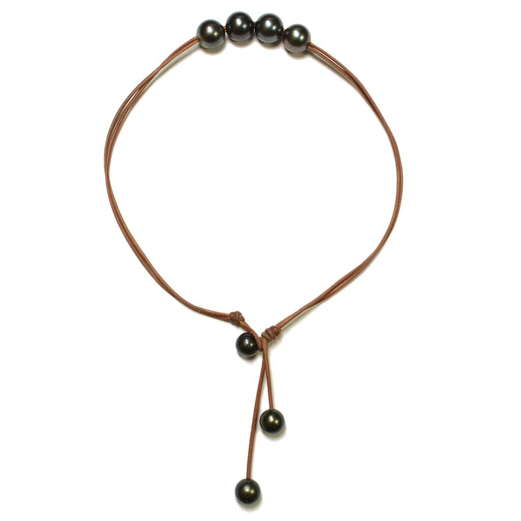 Wendy Mignot Violet Versatile Four Pearl and Leather Tahitian Pearl Necklace