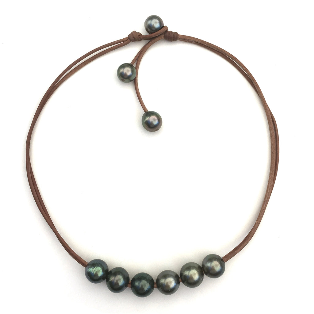 photo of Wendy Mignot Violet Versatile Six Tahitian Pearl and Leather Necklace