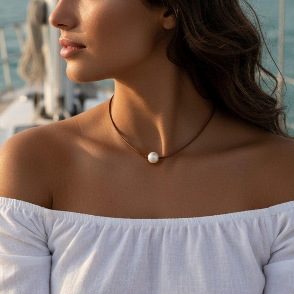 Wendy Mignot Coastal Single Freshwater Pearl and Leather Necklace Choker White