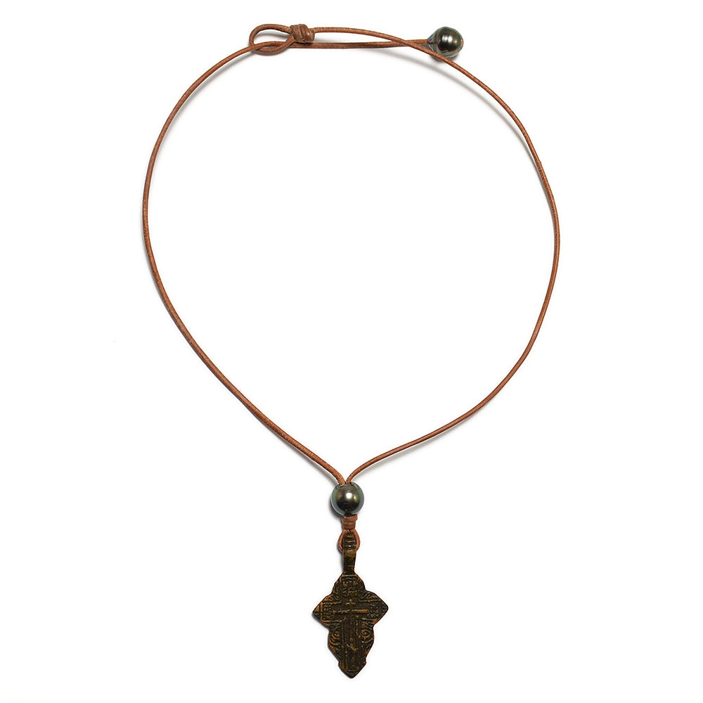 photo of Wendy Mignot Byzantine Ornate Cross and Tahitian Pearl and Leather Necklace