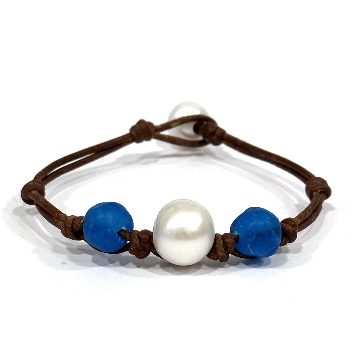 Wendy Mignot Blue Mountain Beach Royal Blue Sea Glass and Pearl and Leather Bracelet
