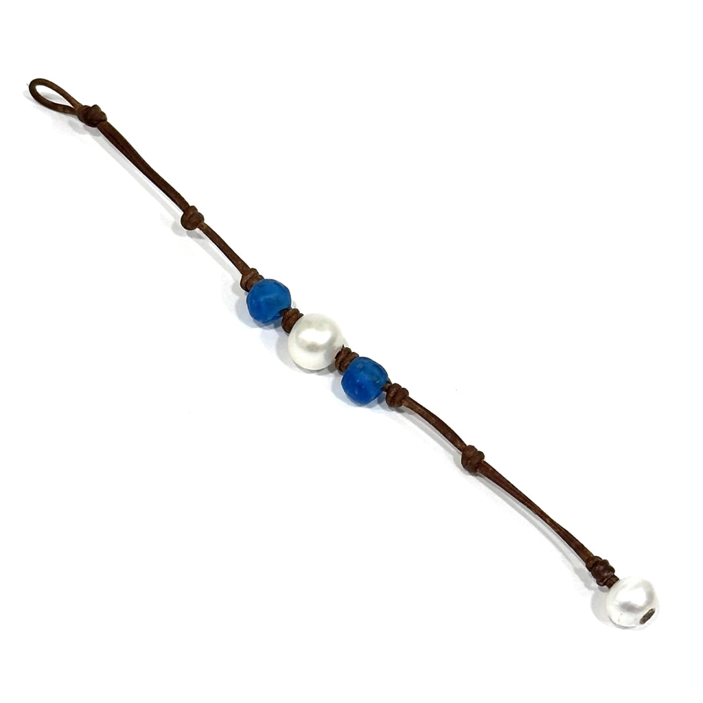 Wendy Mignot Blue Mountain Beach Royal Blue Sea Glass and Pearl and Leather Bracelet