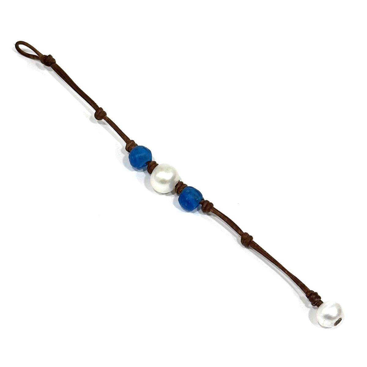 Wendy Mignot Blue Mountain Beach Royal Blue Sea Glass and Pearl and Leather Bracelet