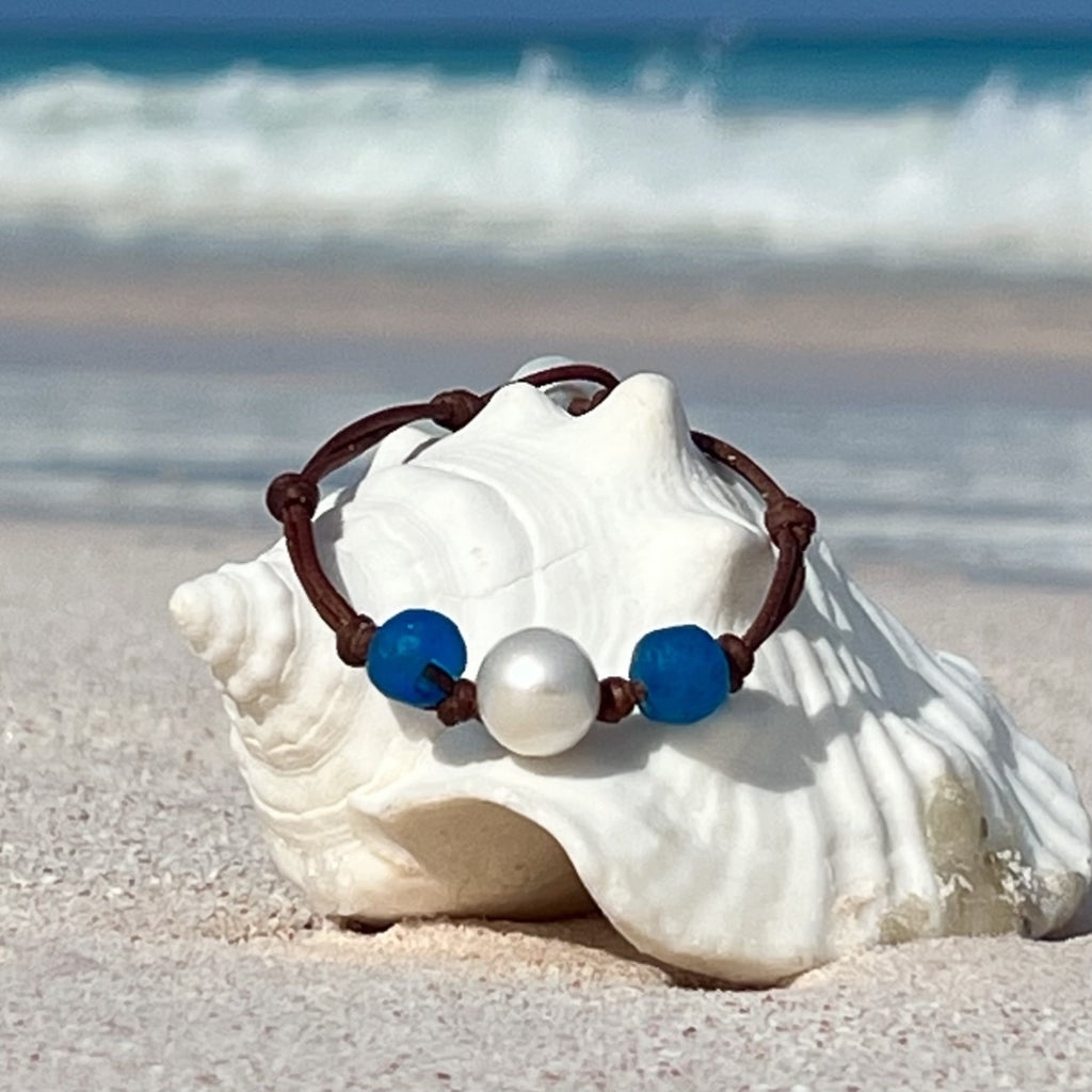 Wendy Mignot Blue Mountain Beach Royal Blue Sea Glass and Pearl and Leather Bracelet