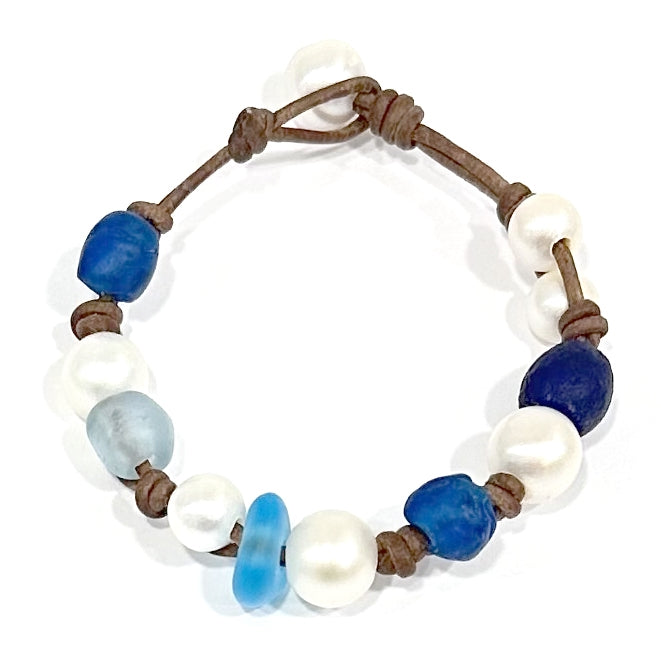 photo of Wendy Mignot Freshwater Pearl and Leather Sea Glass Gypsy Bracelet