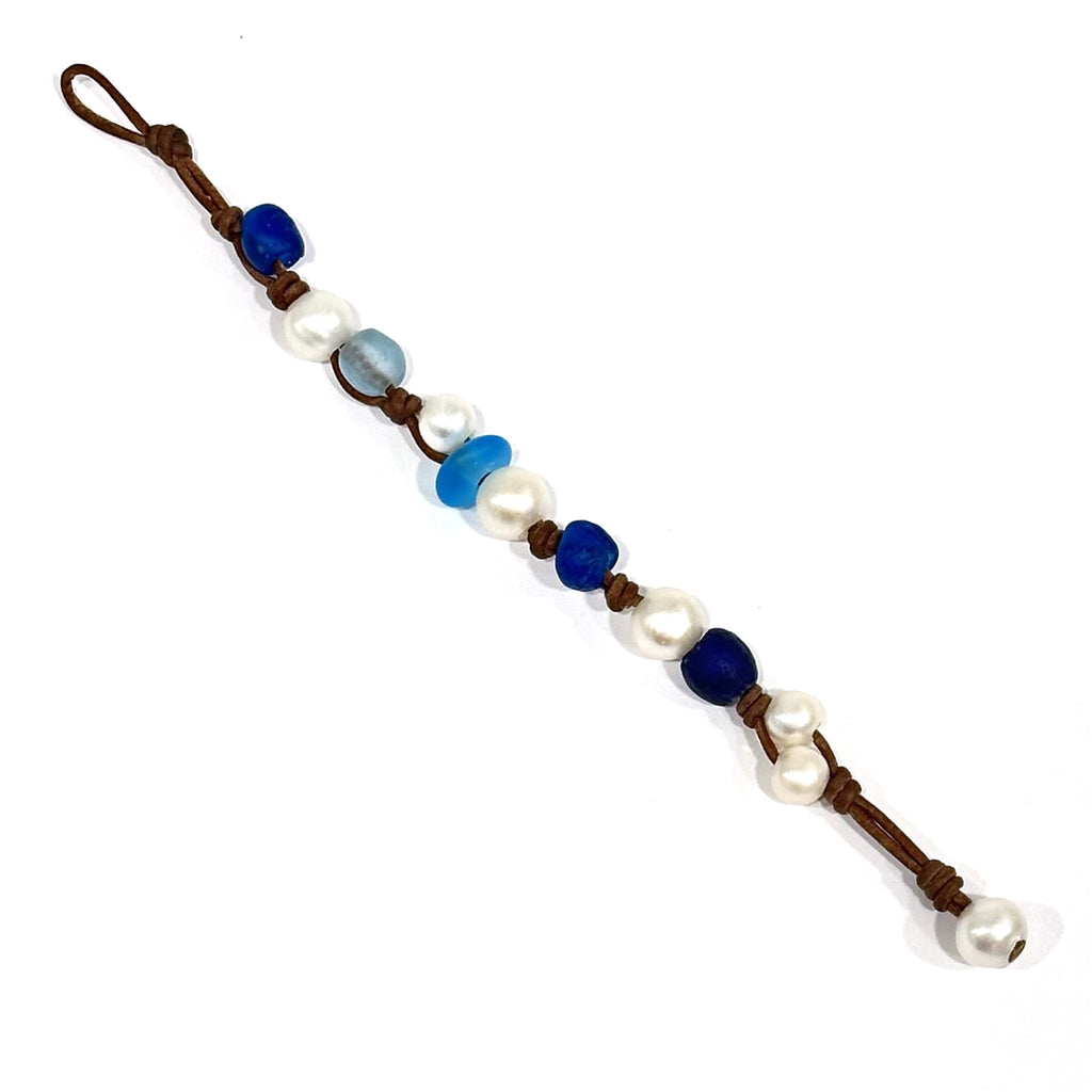 Wendy Mignot Freshwater Pearl and Leather Sea Glass Gypsy Bracelet