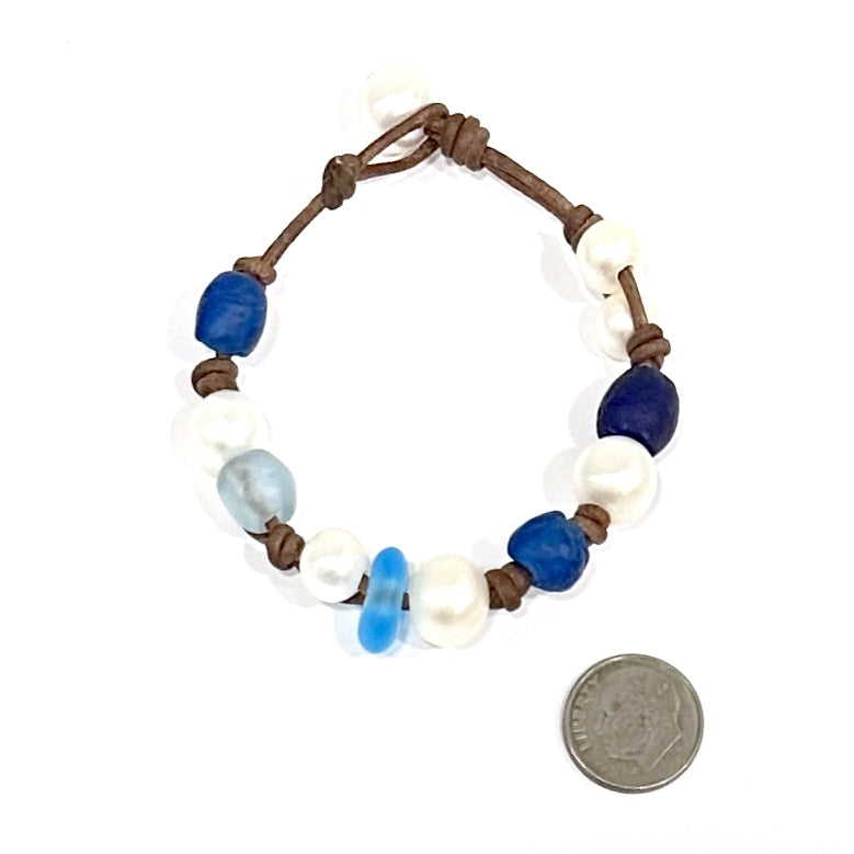 Wendy Mignot Freshwater Pearl and Leather Sea Glass Gypsy Bracelet