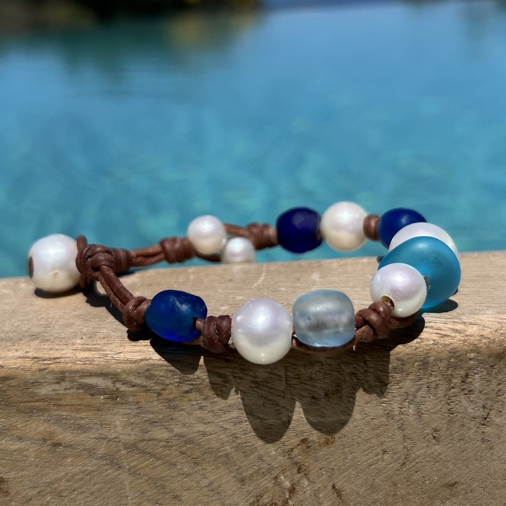 Wendy Mignot Freshwater Pearl and Leather Sea Glass Gypsy Bracelet