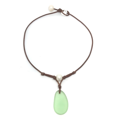 photo of Wendy Mignot Coastline Grove Green Sea Glass and Pearl and Leather Necklace