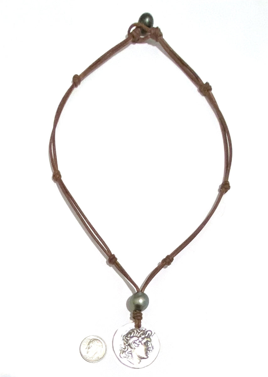 Wendy Mignot Alexander The Great and Athena Spinner Barbados Silver Coin Replica with Tahitian Pearl Necklace