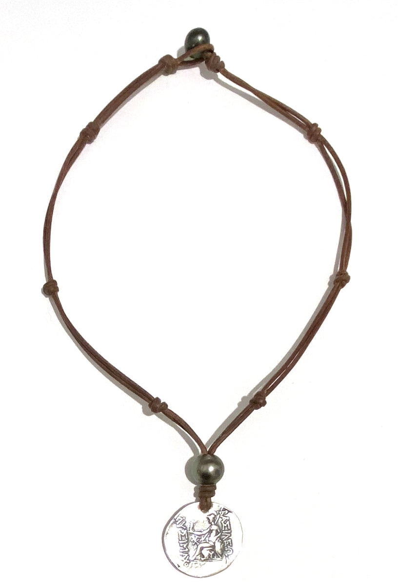 Wendy Mignot Alexander The Great and Athena Spinner Barbados Silver Coin Replica with Tahitian Pearl Necklace