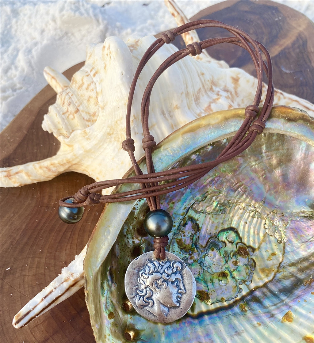Wendy Mignot Alexander The Great and Athena Spinner Barbados Silver Coin Replica with Tahitian Pearl Necklace