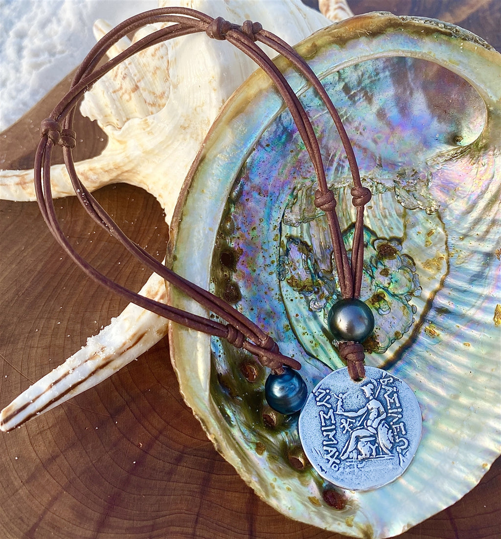 Wendy Mignot Alexander The Great and Athena Spinner Barbados Silver Coin Replica with Tahitian Pearl Necklace