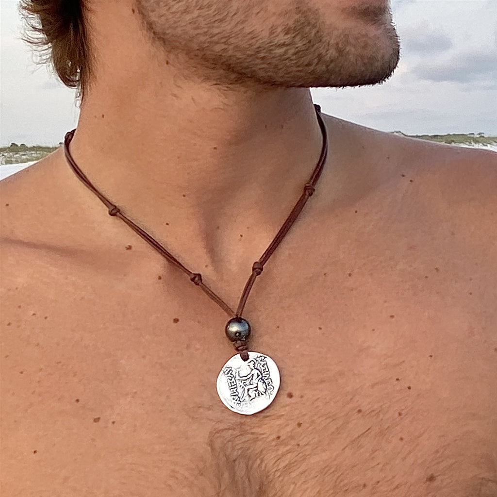 Wendy Mignot Alexander The Great and Athena Spinner Barbados Silver Coin Replica with Tahitian Pearl Necklace